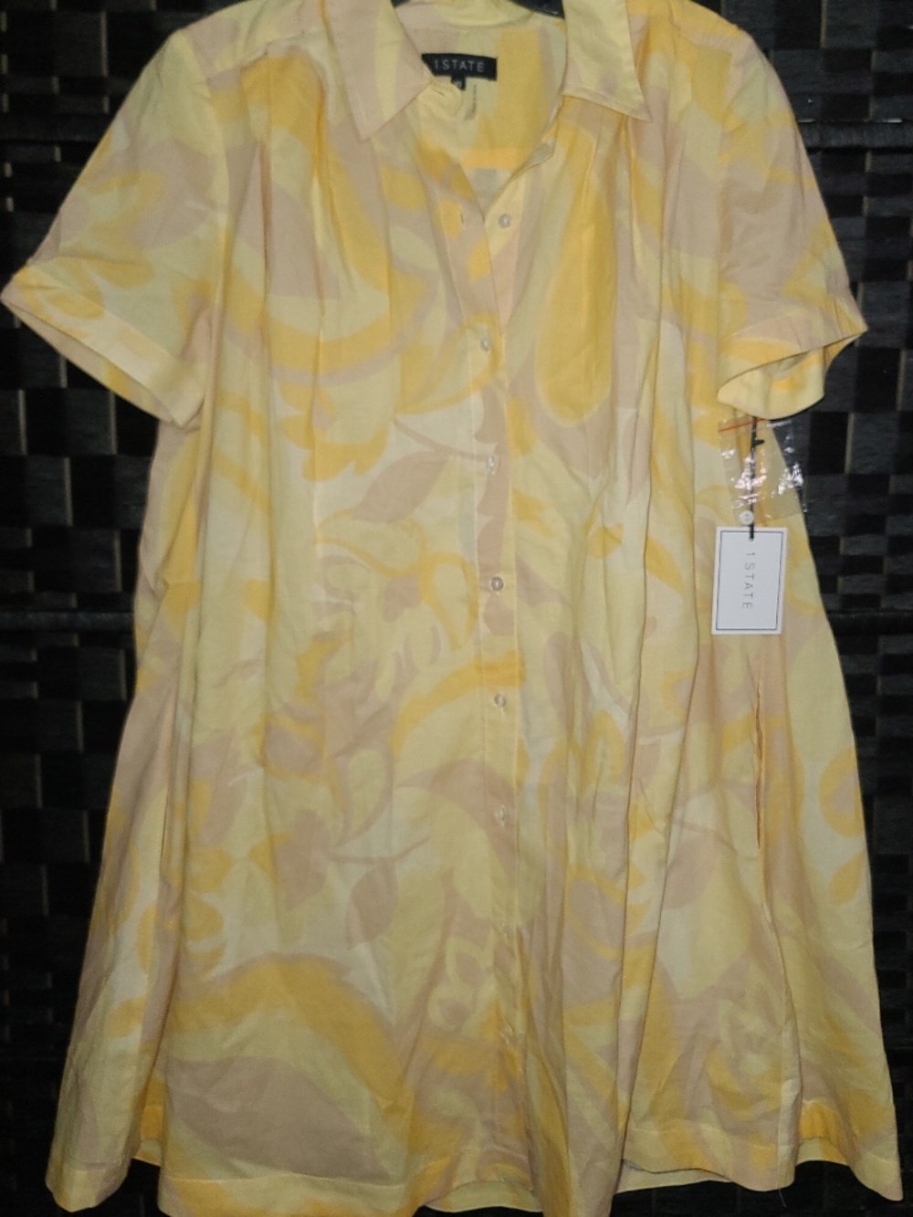 1.STATE yellow short-sleeve shirt dress featuring a large, abstract floral patte